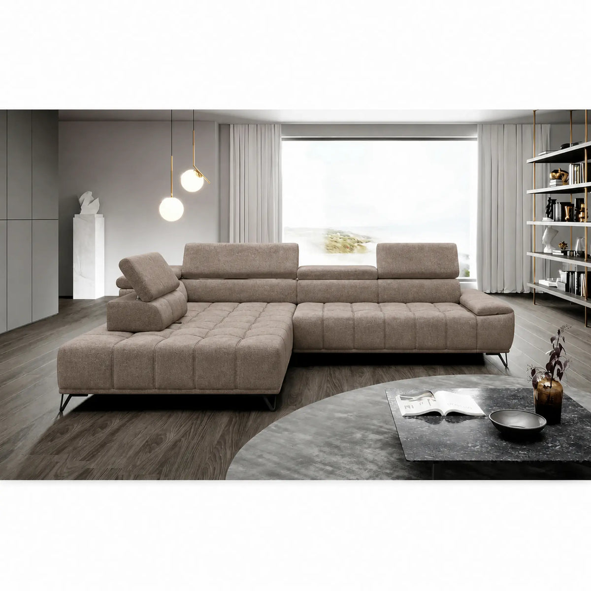 Coltar PALLADIO L, sezlong stanga, stofa catifelata bej - Vogue 02, cu reglaj electric si tetiere reglabile, 320x220x99 cm