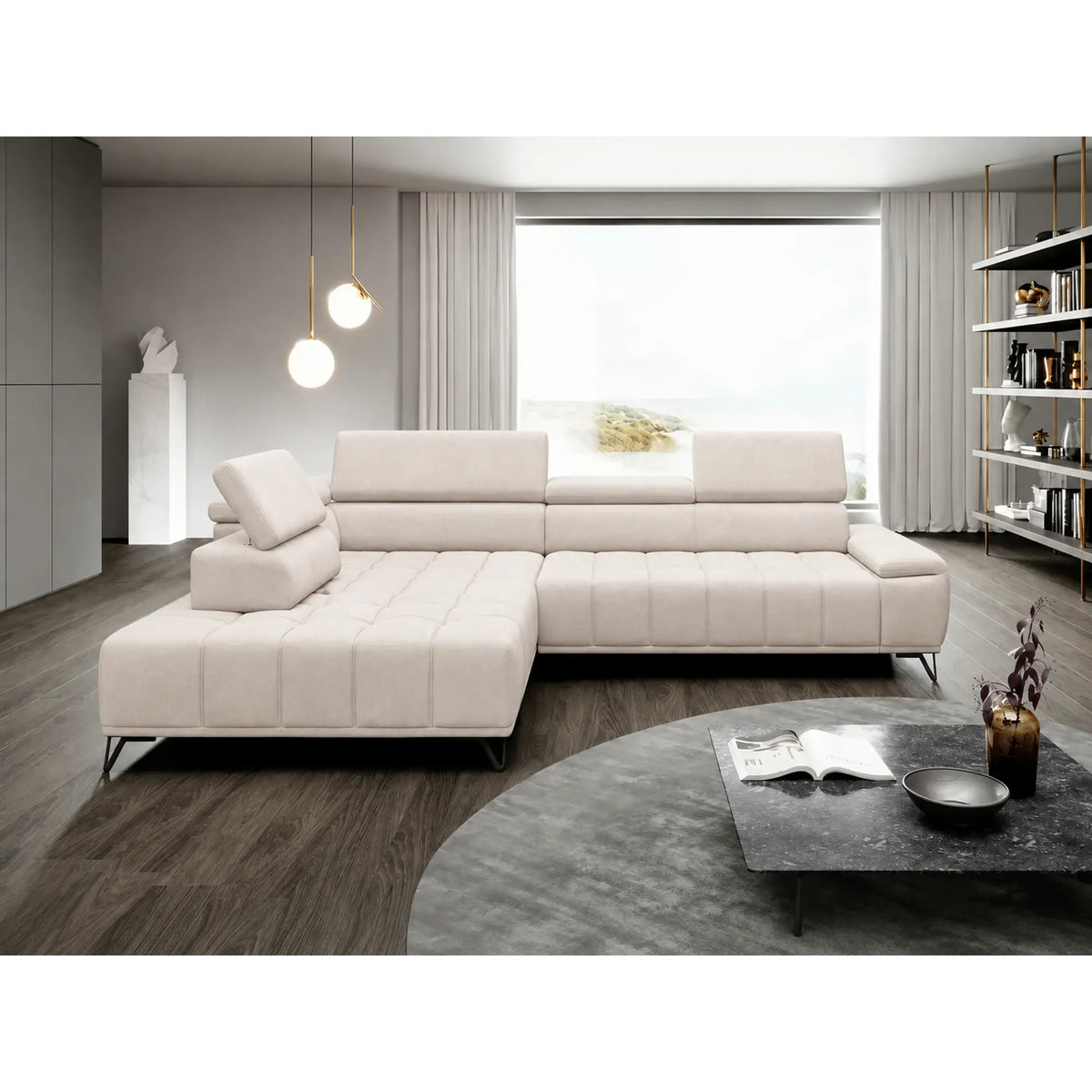 Coltar PALLADIO L, sezlong stanga, stofa catifelata crem - Salvador 01, cu reglaj electric si tetiere reglabile, 320x220x99 cm