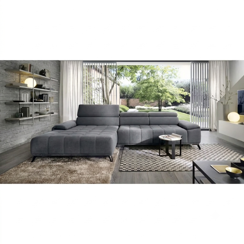 Coltar PALLADIO MINI, sezlong stanga, stofa catifelata gri - Monolith 92, cu tetiere reglabile si reglaj electric, 322x183x99 cm