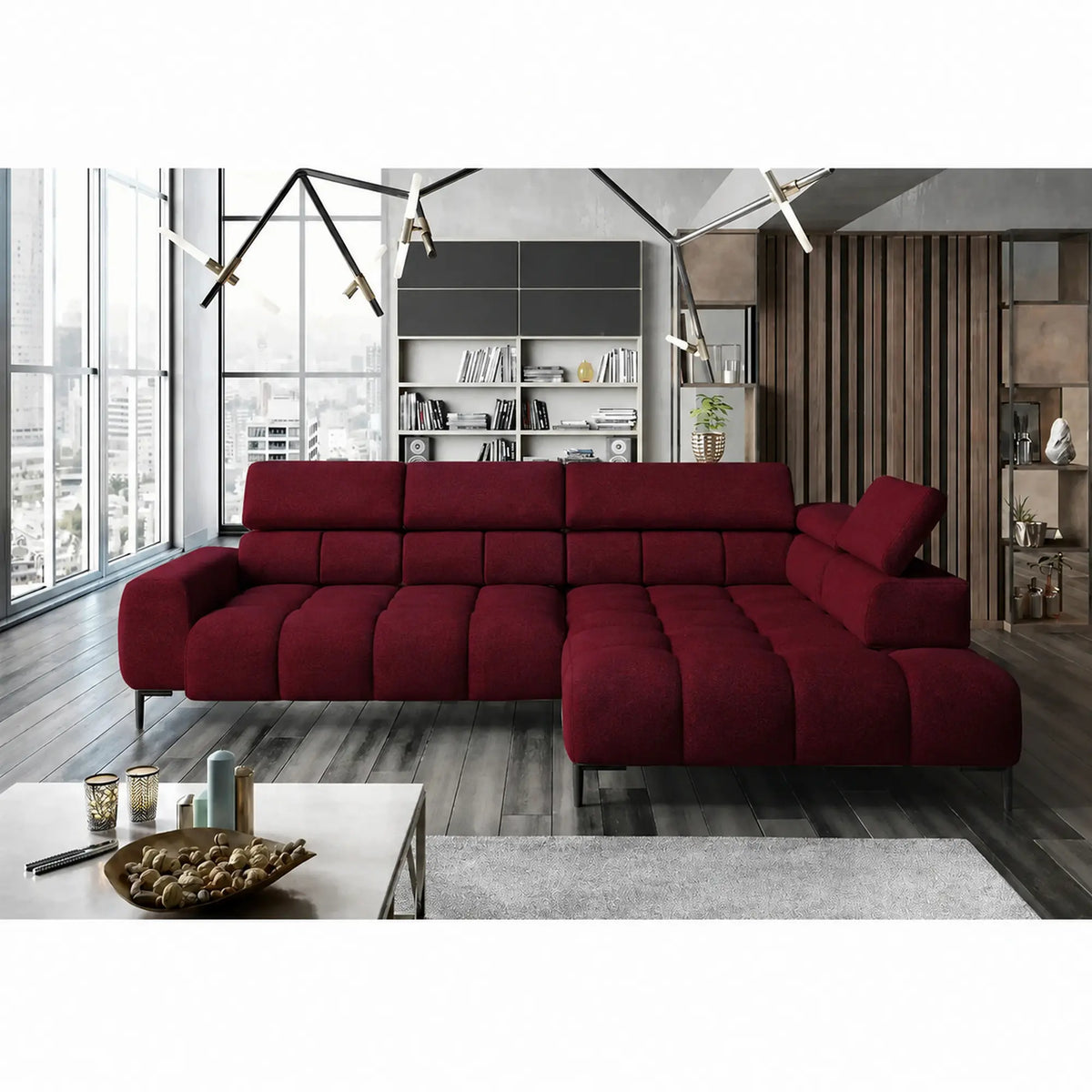 Coltar PLAZA L, sezlong dreapta, stofa catifelata rosu - Vogue 7, cu reglaj electric si tetiere reglabile, 300x216x99 cm