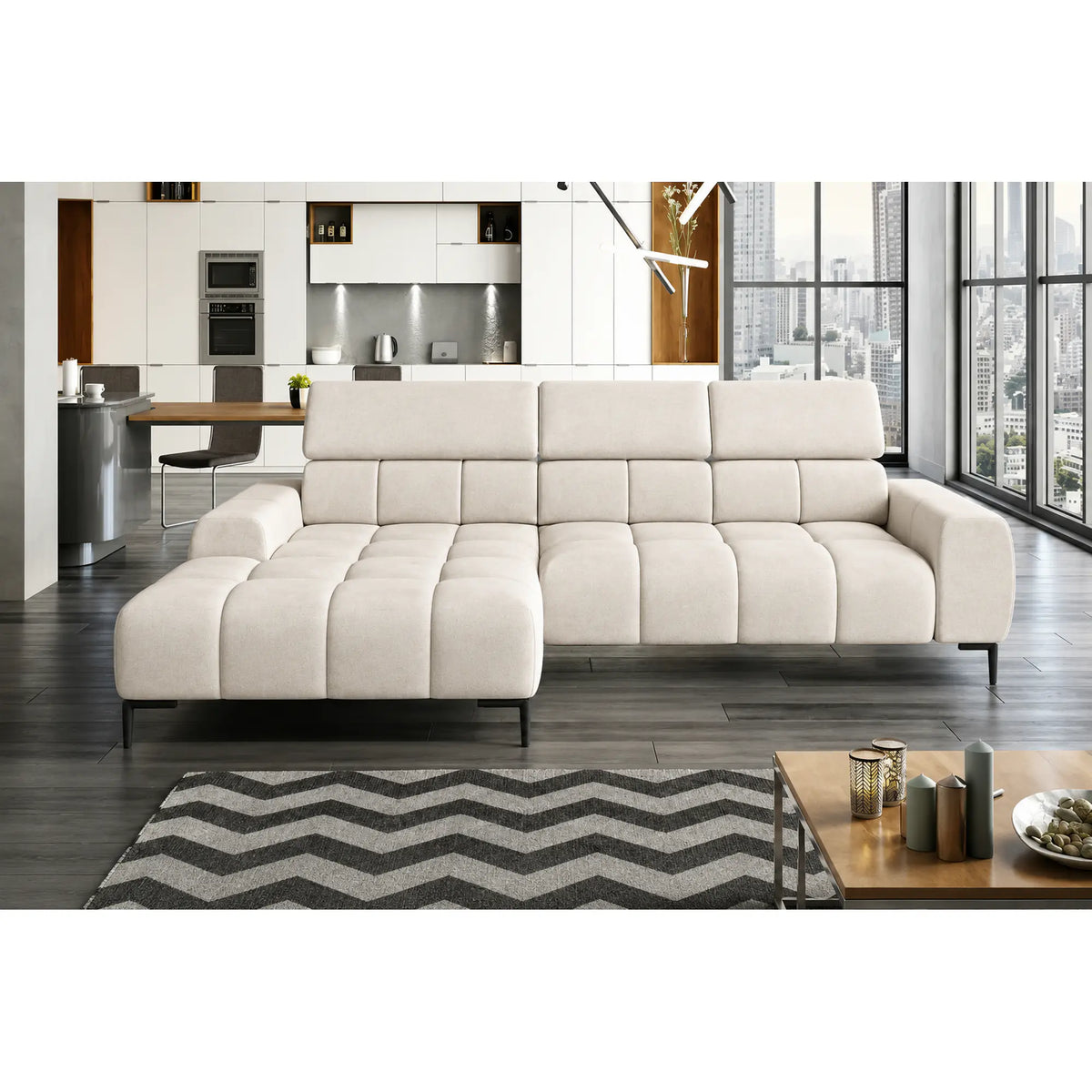 Coltar PLAZA MINI, sezlong stanga, stofa catifelata crem - Salvador 01, cu reglaj electric si tetiere reglabile, 270x177x99 cm