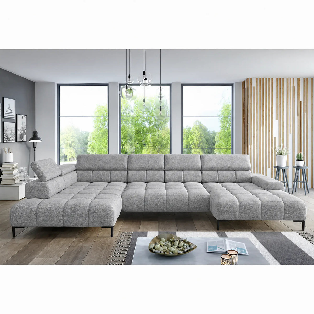 Coltar PLAZA XL, sezlong stanga, stofa clasica gri - Austin 18, cu reglaj electric si tetiere reglabile, 385x216x99 cm