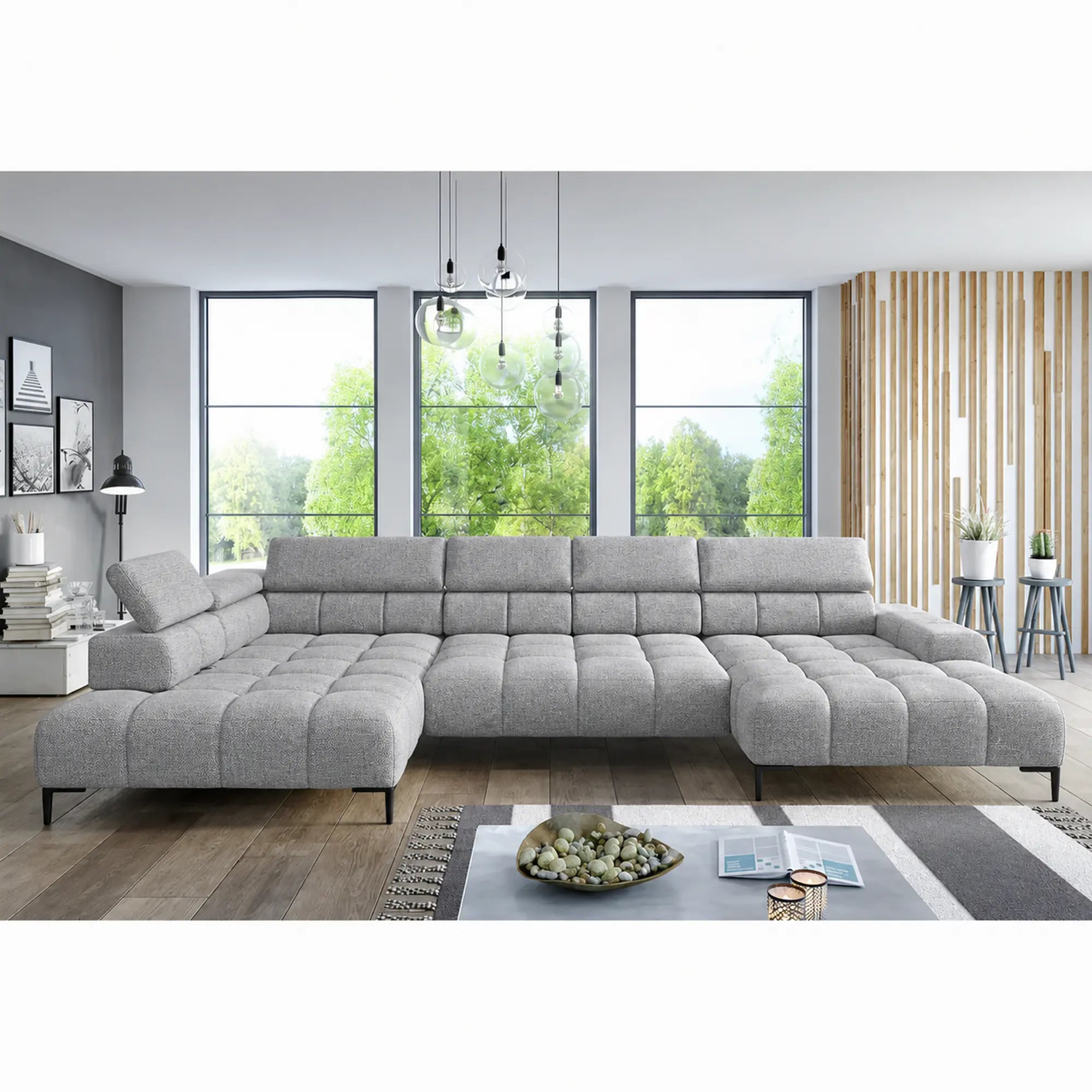 Coltar PLAZA XL, sezlong stanga, stofa clasica gri - Austin 18, cu reglaj electric si tetiere reglabile, 385x216x99 cm