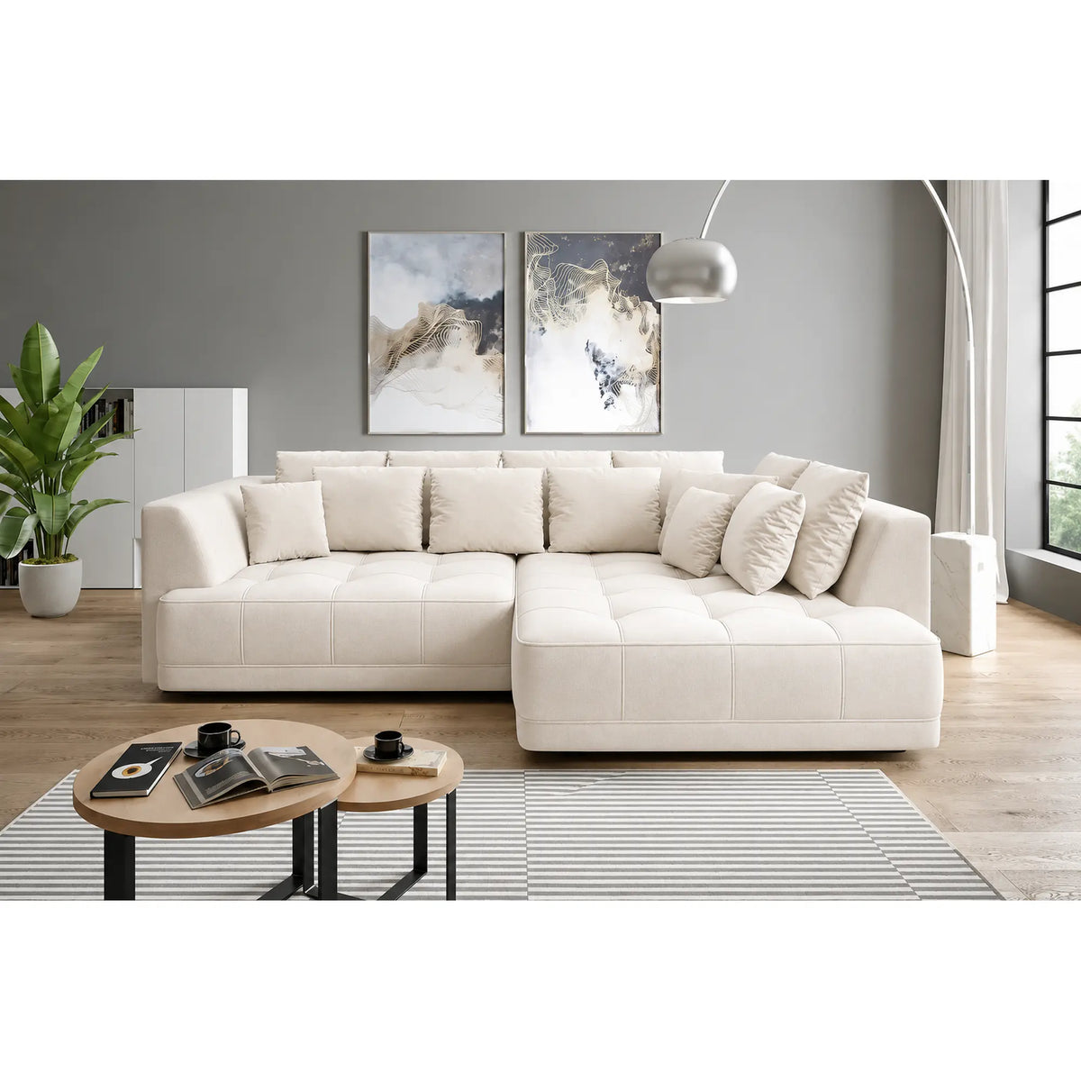 Coltar TIGA, sezlong dreapta, stofa catifelata crem - Salvador 1, cu reglaj electric, 286x207x77 cm