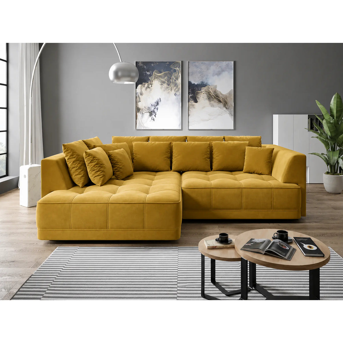 Coltar TIGA, sezlong stanga, stofa catifelata galben - Riviera 41, cu reglaj electric, 286x207x77 cm