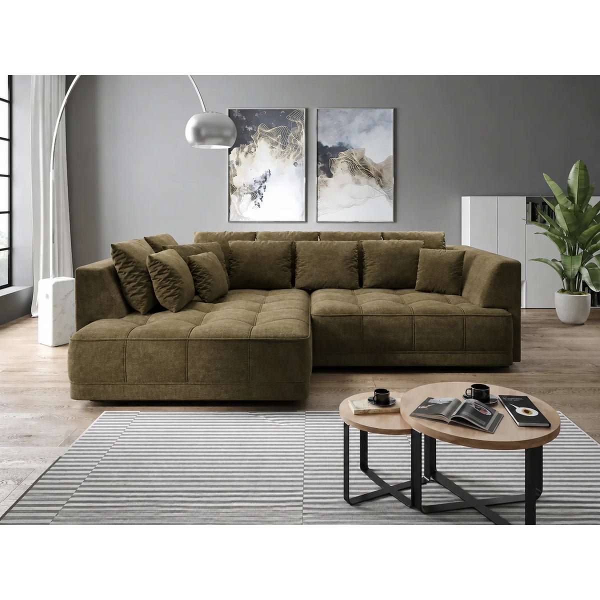 Coltar TIGA, sezlong stanga, stofa catifelata verde olive - Palladium 10, cu reglaj electric, 286x207x77 cm