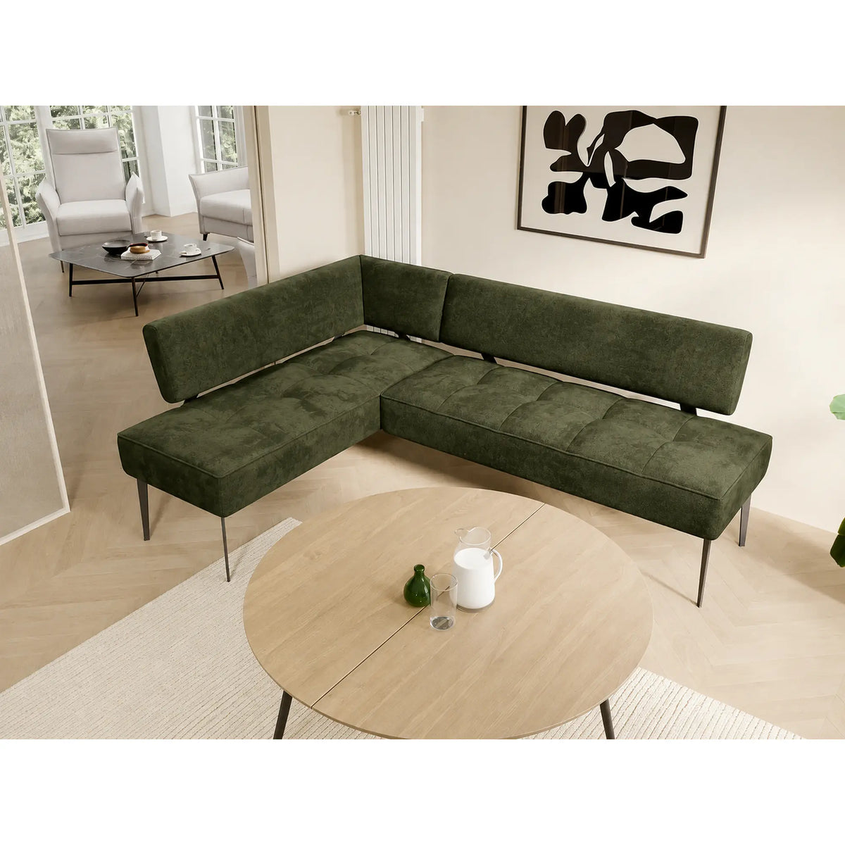 Coltar bucatarie BANCO, sezlong stanga, stofa catifelata verde inchis - Whisper 11, 213x164x89 cm