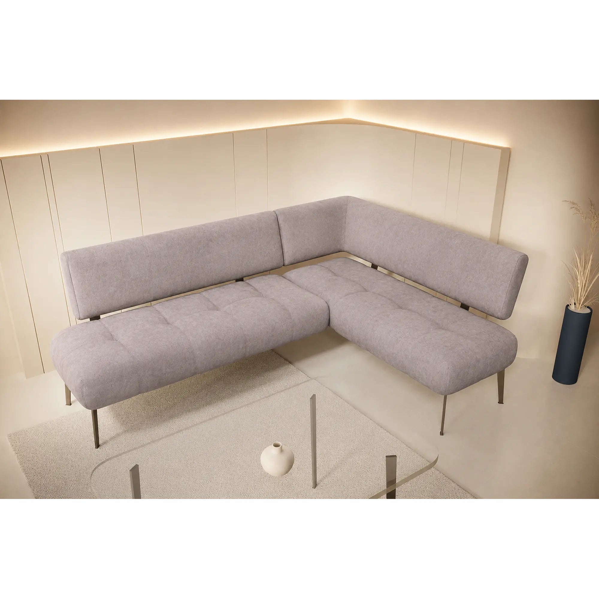 Coltar bucatarie MILO, sezlong dreapta, stofa catifelata bej - Whisper 3, 215X163X90 cm