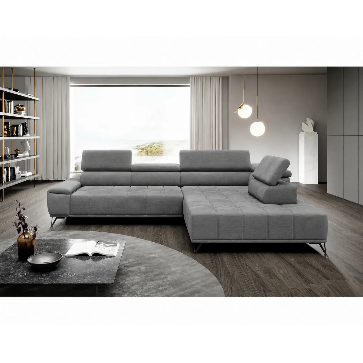 Coltar cu sezlong PALLADIO L, sezlong dreapta, stofa catifelata gri - Riviera 91, cu reglaj electric si tetiere reglabile, 320x220x99 cm