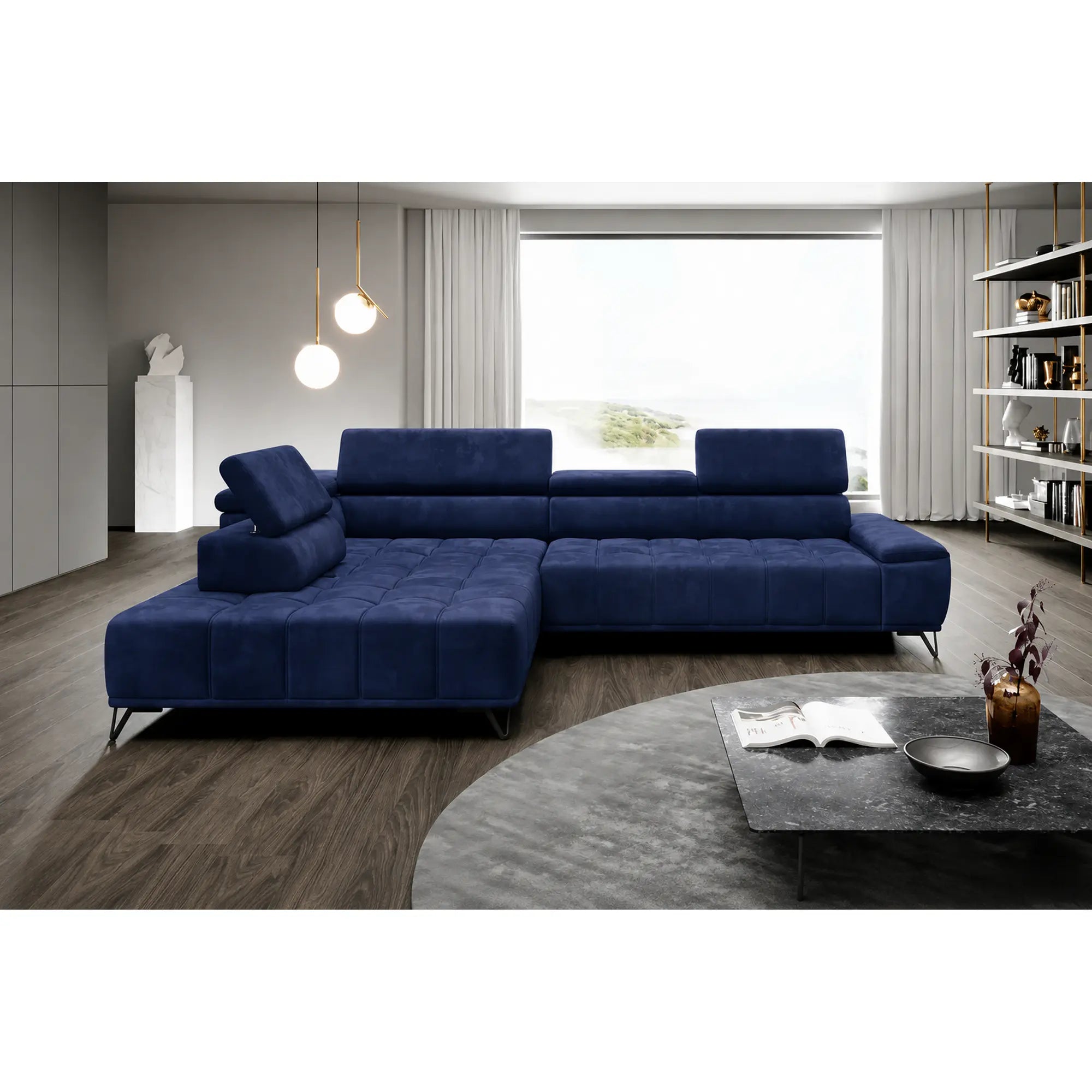Coltar cu sezlong PALLADIO L, sezlong stanga, stofa catifelata albastru inchis - Riviera 81, cu reglaj electric si tetiere reglabile, 320x220x99 cm