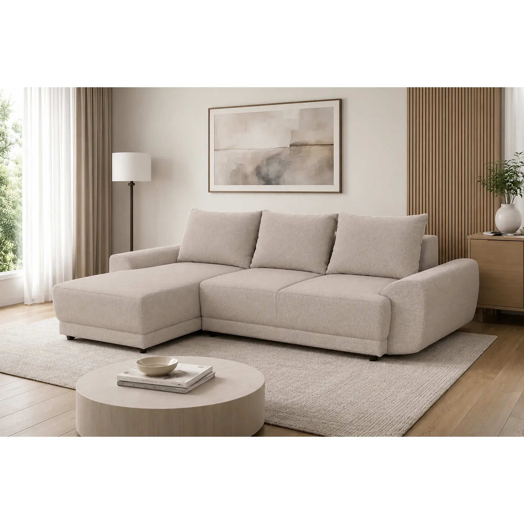 Coltar de living ASTOR, sezlong stanga, stofa bej - New York G008, 254x150x83 cm