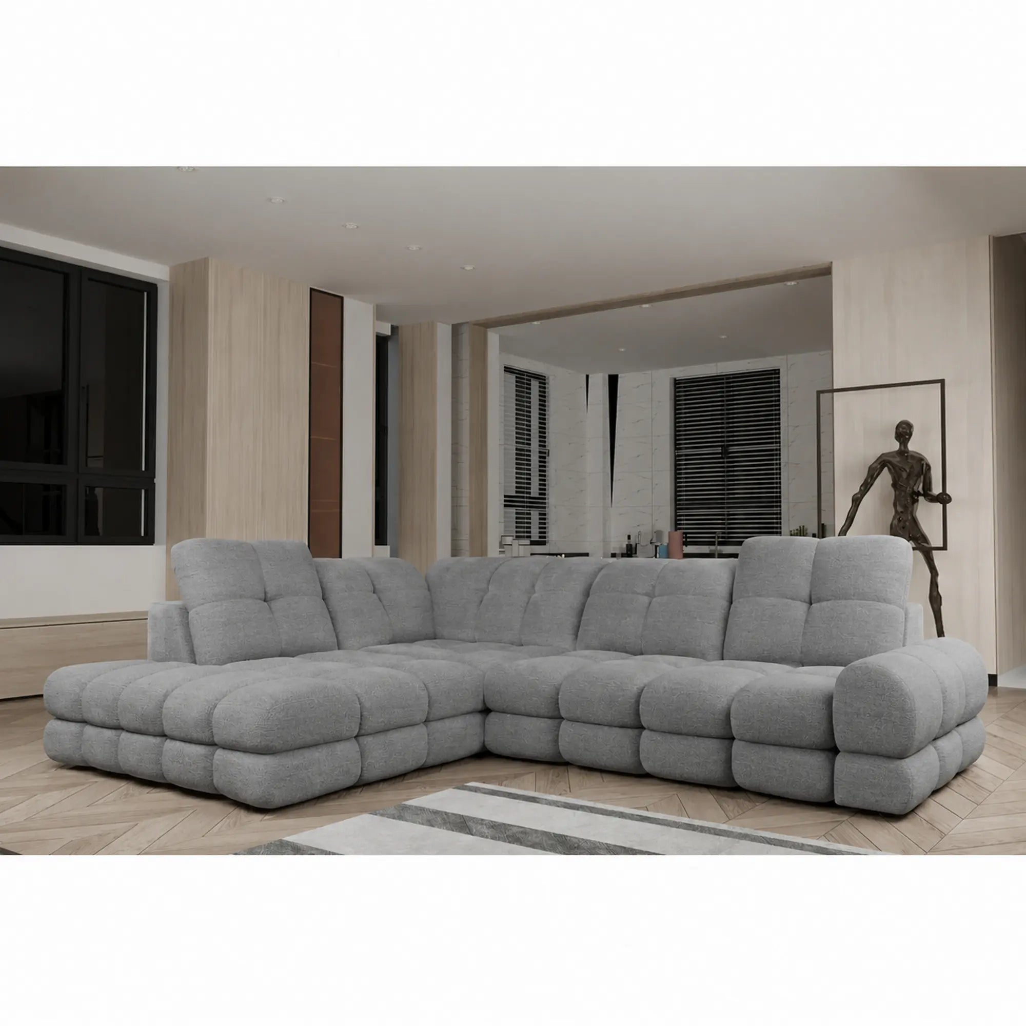 Coltar extensibil 3m TOLLO L, sezlong stanga, stofa catifelata gri - Riviera 91, cu lada depozitare si reglaj electric, 302x217x105 cm