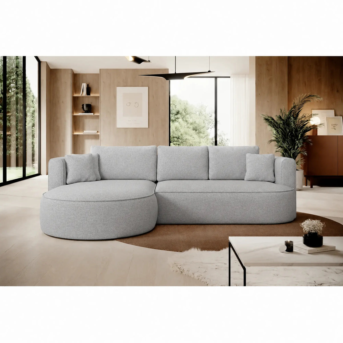 Coltar extensibil 4 locuri FIORE, sezlong stanga, stofa catifelata bej - Palladium 02, cu lada depozitare, 284x183x82 cm