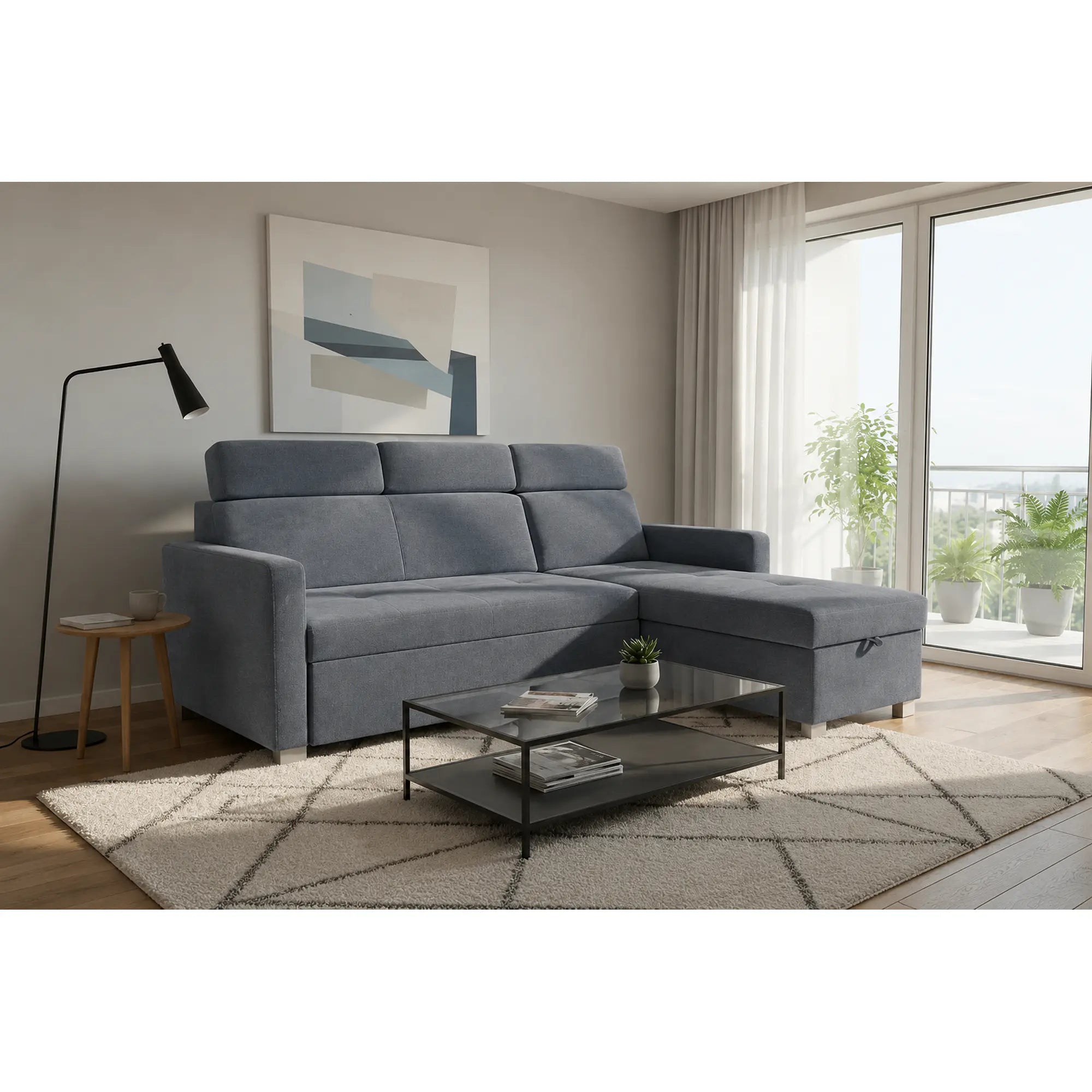 Coltar extensibil BRICO, universal, stofa catifelata gri - Element 23, cu lada depozitare, 204x168x99 cm