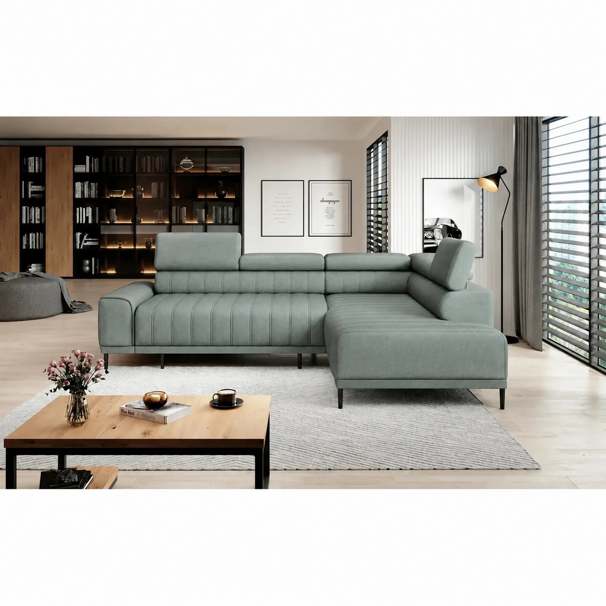 Coltar extensibil CALDO L, sezlong dreapta, stofa catifelata verde menta - Salvador 12, cu lada depozitare si tetiere reglabile,  268x200x99 cm