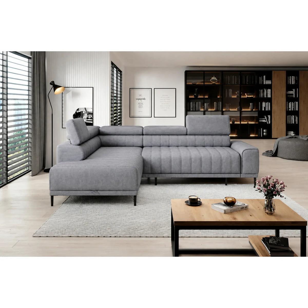Coltar extensibil CALDO L, sezlong stanga, stofa catifelata gri - Whisper 17, cu lada depozitare si tetiere reglabile, 268x200x99 cm