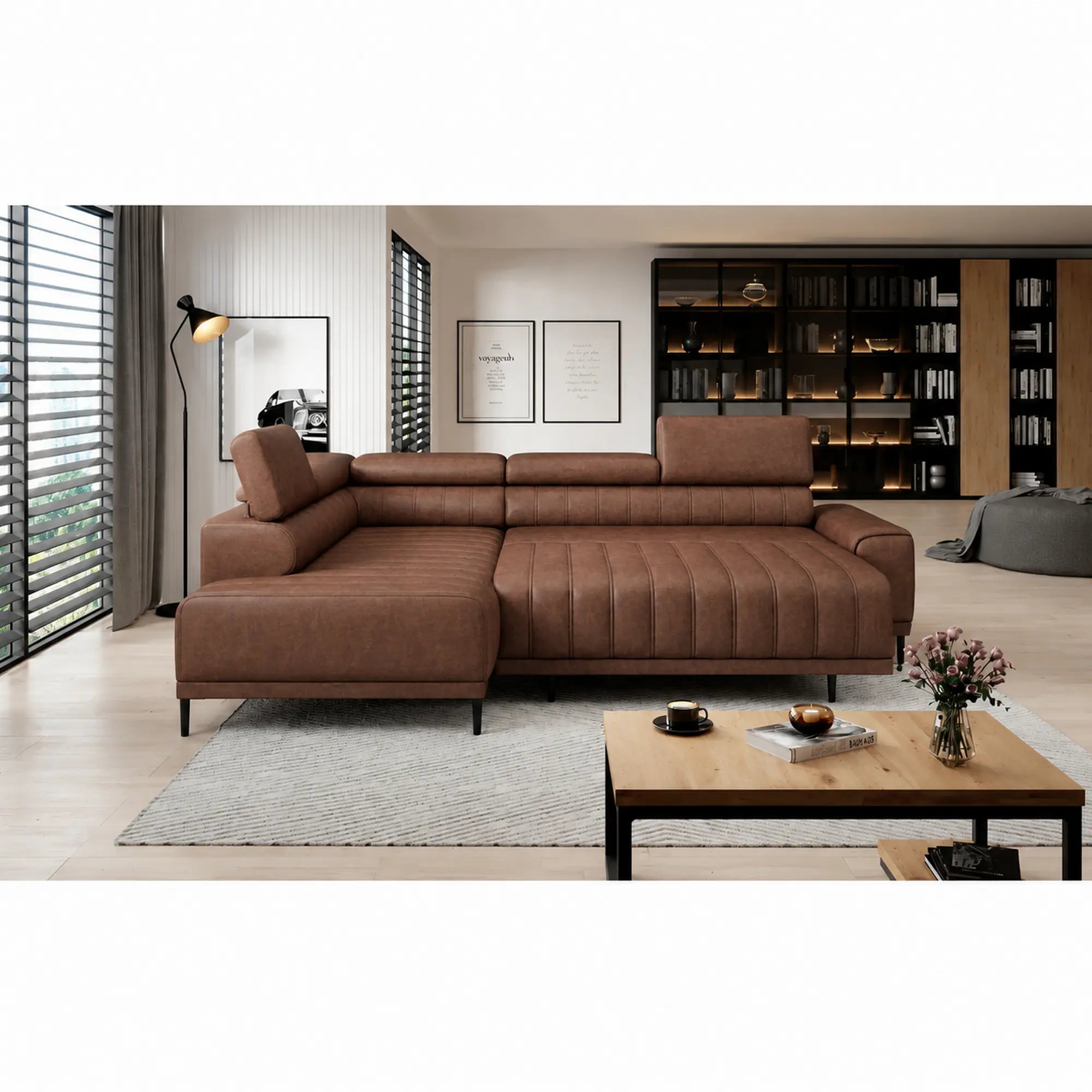 Coltar extensibil CALDO L, sezlong stanga, stofa catifelata maro - Salvador 04, cu lada depozitare si tetiere reglabile, 268x200x99 cm