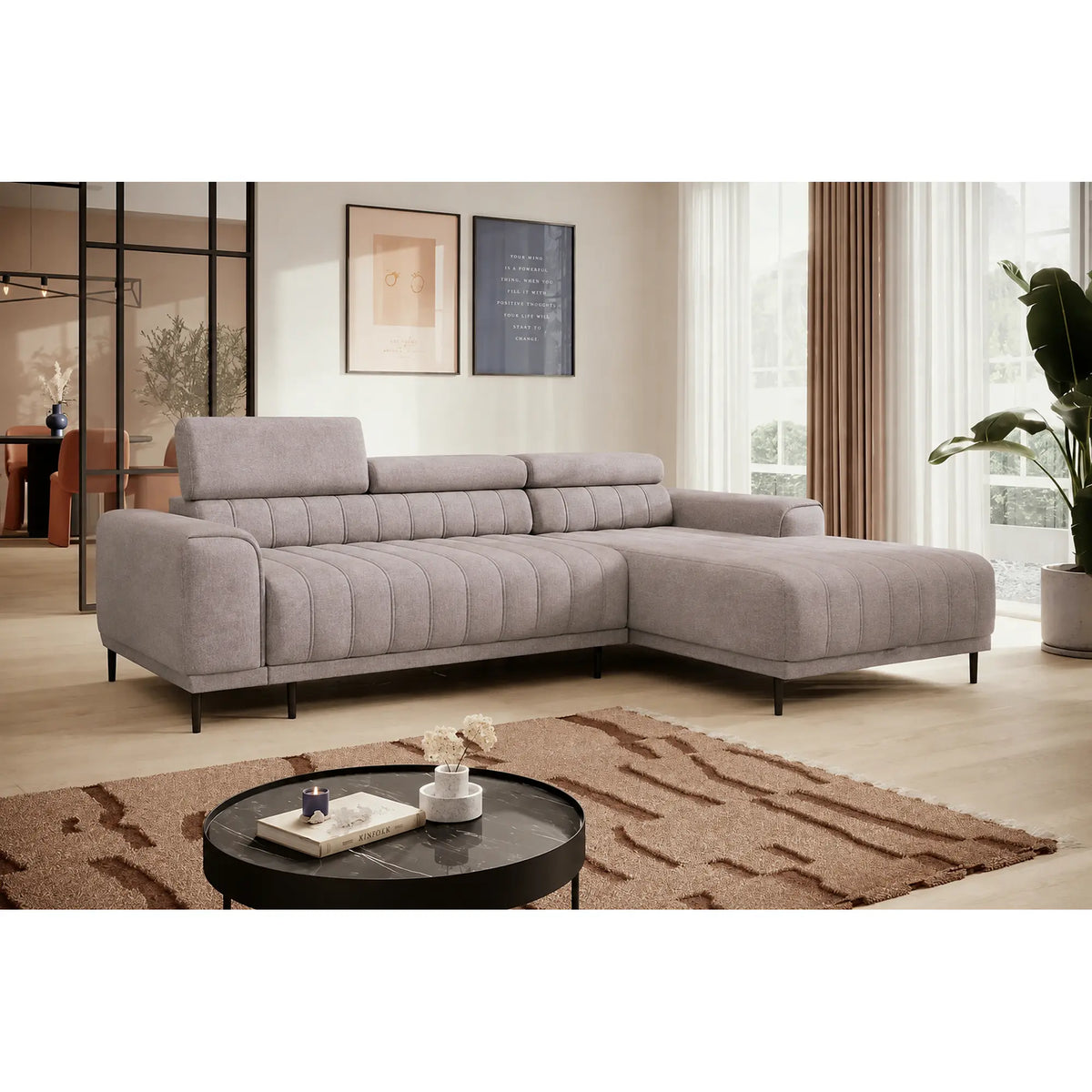 Coltar extensibil CALDO MINI, sezlong dreapta, stofa catifelata bej - Whisper 03, cu lada depozitare si tetiere reglabile, 272x178x99 cm