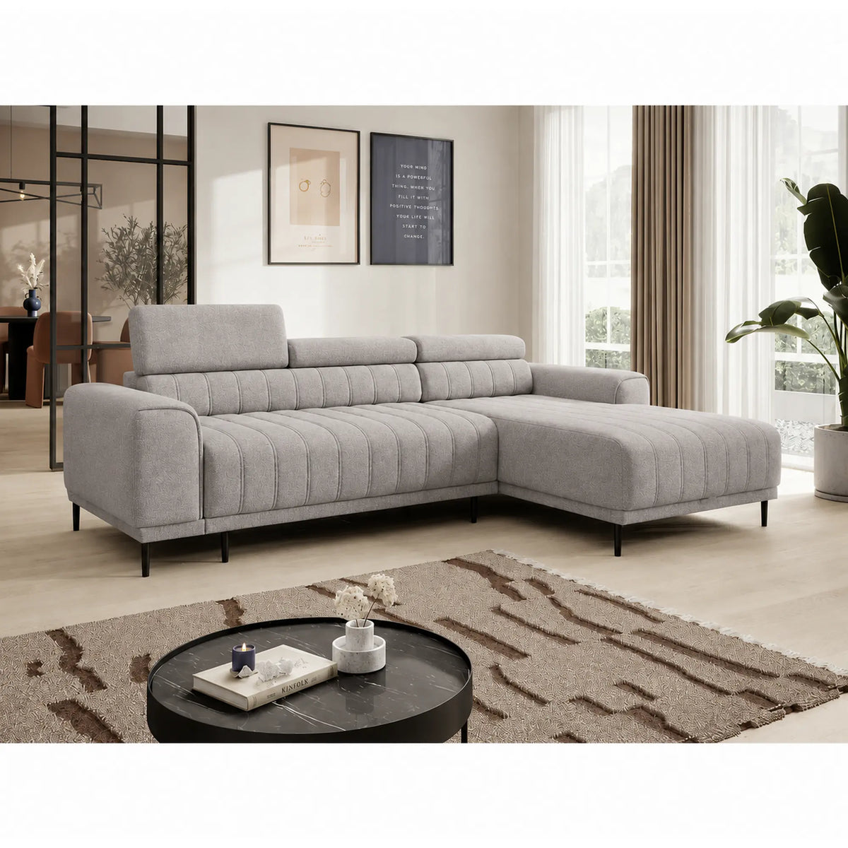 Coltar extensibil CALDO MINI, sezlong dreapta, stofa catifelata gri deschis - Cloud 81, cu lada depozitare si tetiere reglabile, 272x178x99 cm
