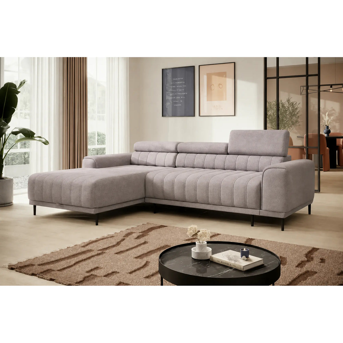 Coltar extensibil CALDO MINI, sezlong stanga, stofa catifelata bej - Whisper 03, cu lada depozitare si tetiere reglabile, 272x178x99 cm
