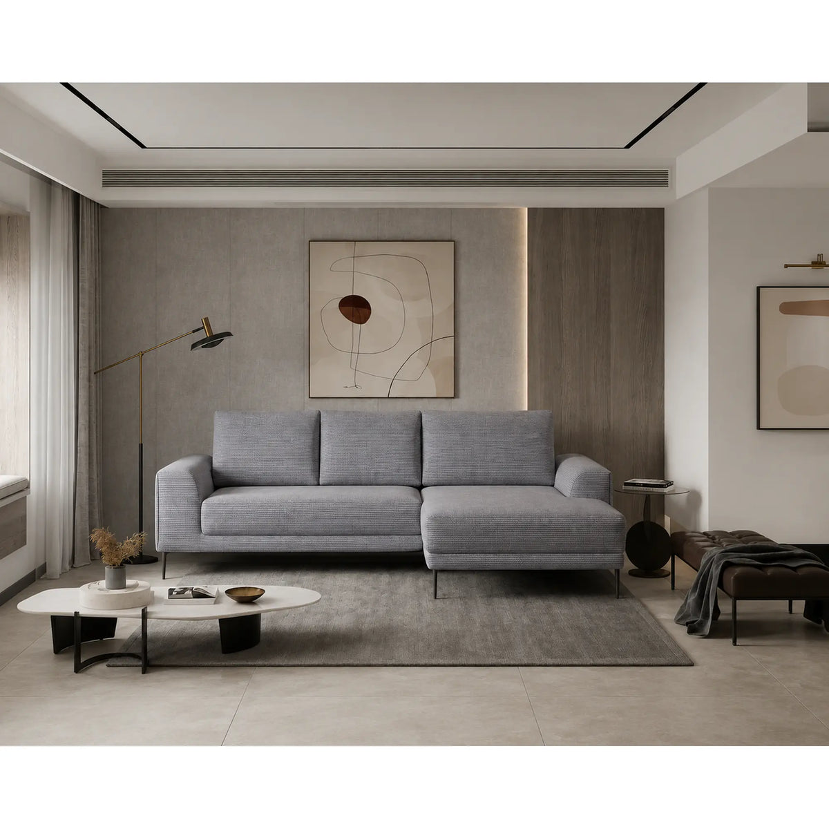 Coltar extensibil CAPITOL, sezlong dreapta, stofa catifelata gri - Whisper 17, cu lada depozitare, 276x175x89 cm