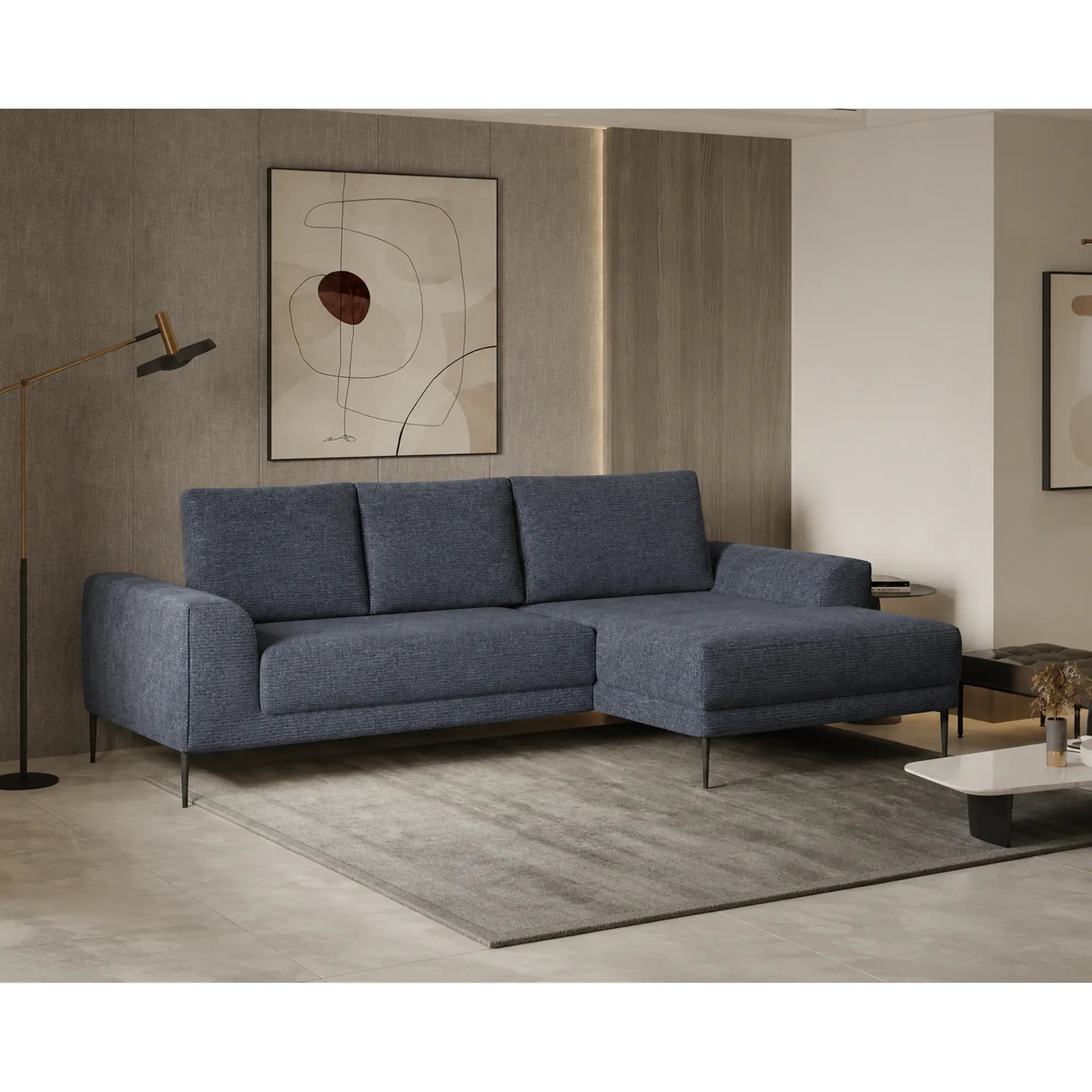 Coltar extensibil CAPITOL, sezlong dreapta, stofa catifelata gri inchis - Whisper 15, cu lada depozitare, 276x175x89 cm