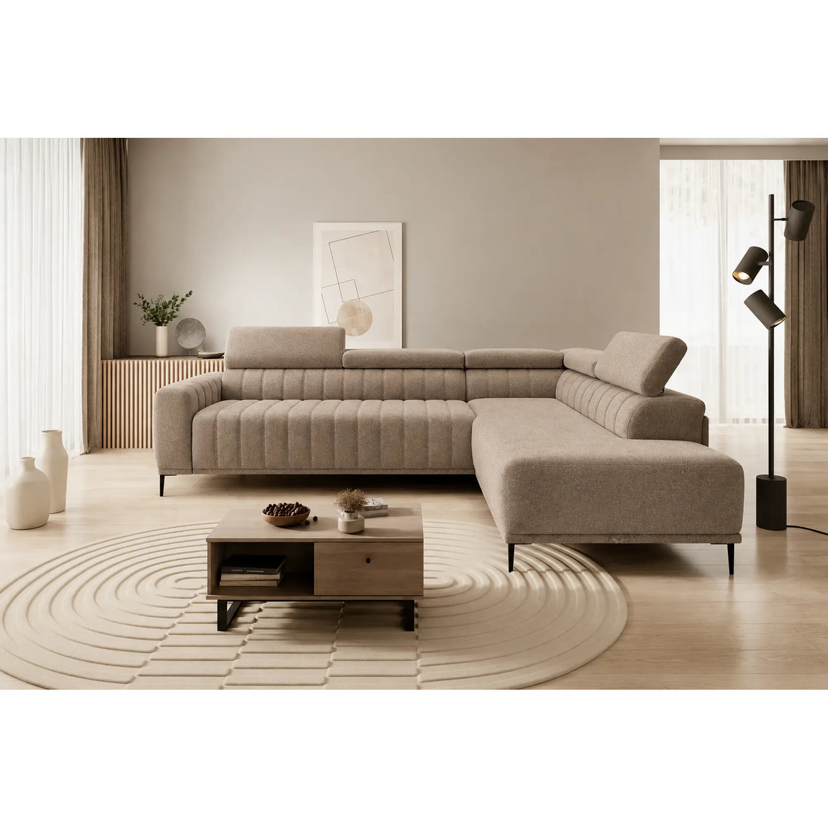 Coltar extensibil GANDI 160, sezlong dreapta, stofa catifelata bej - Vogue 02, cu lada depozitare, 301x204x99 cm