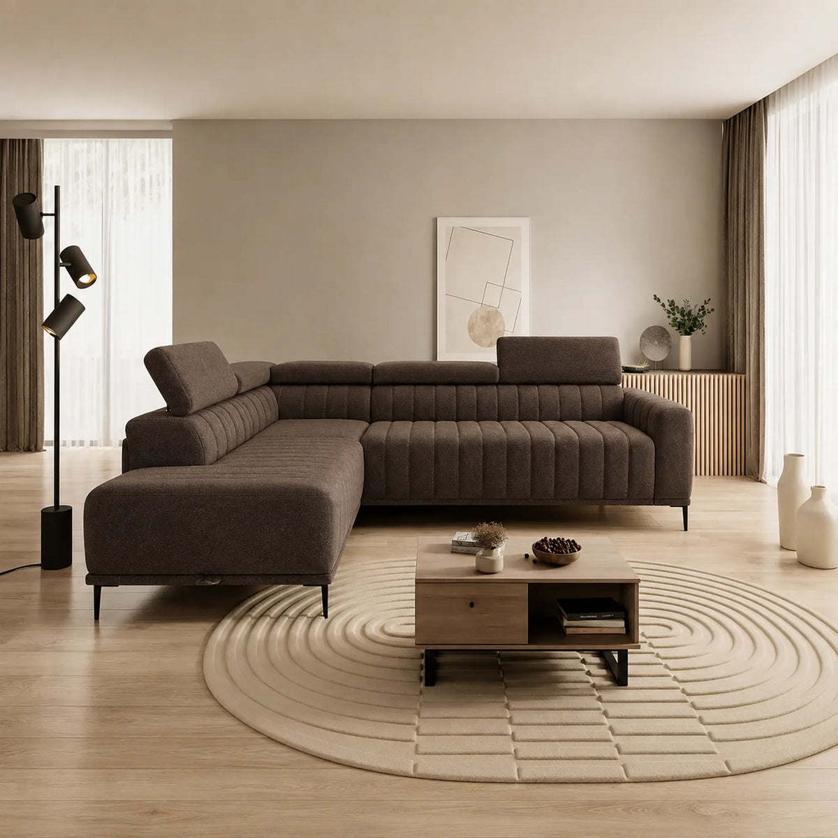 Coltar extensibil GANDI 160, sezlong stanga, stofa catifelata maro - Crown 05, cu lada depozitare si tetiere reglabile, 301x204x99 cm