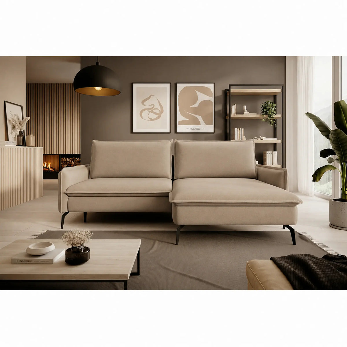 Coltar extensibil GLOSSY, sezlong dreapta, stofa catifelata bej - Riviera 16, cu lada depozitare, 226x162x88 cm
