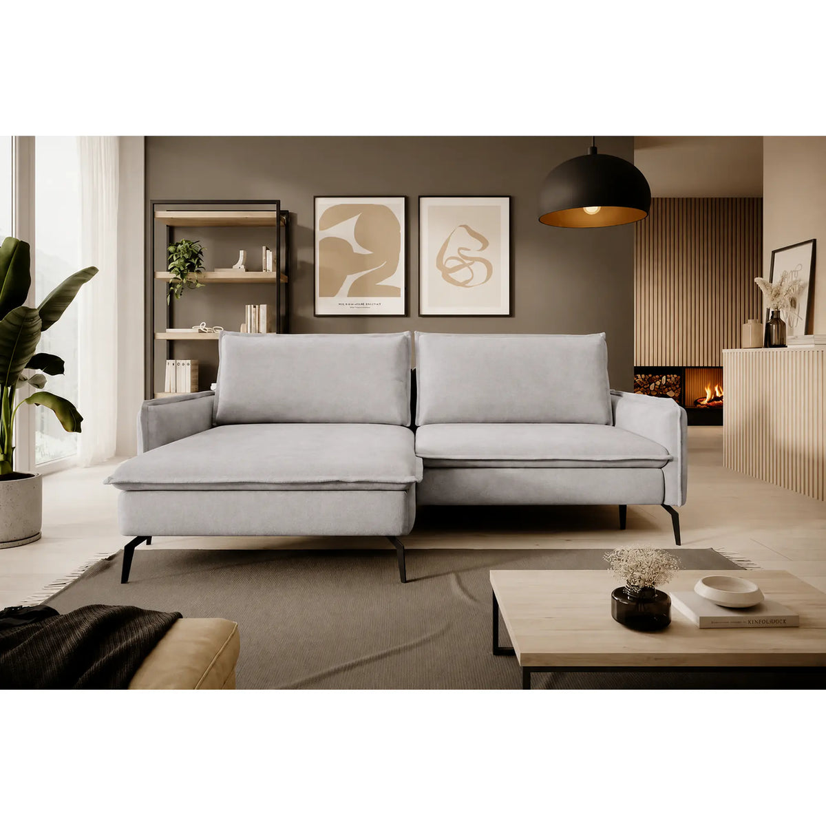 Coltar extensibil GLOSSY, sezlong stanga, stofa catifelata crem - Whisper 01, cu lada depozitare, 226x162x88 cm