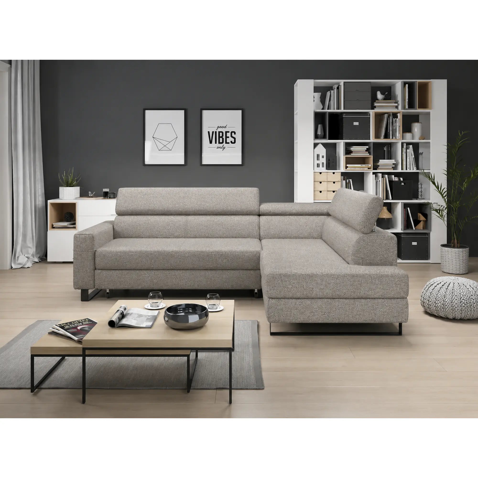 Coltar extensibil LIVIO, sezlong dreapta, stofa catifelata gri - Element 4, cu lada depozitare si tetiere reglabile, 249x184x90 cm