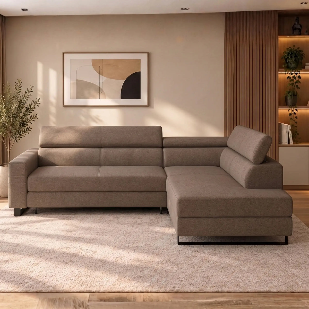 Coltar extensibil LIVIO, sezlong dreapta, stofa catifelata cappuccino - Palladium 04, cu lada depozitare si tetiere reglabile, 249x184x90 cm