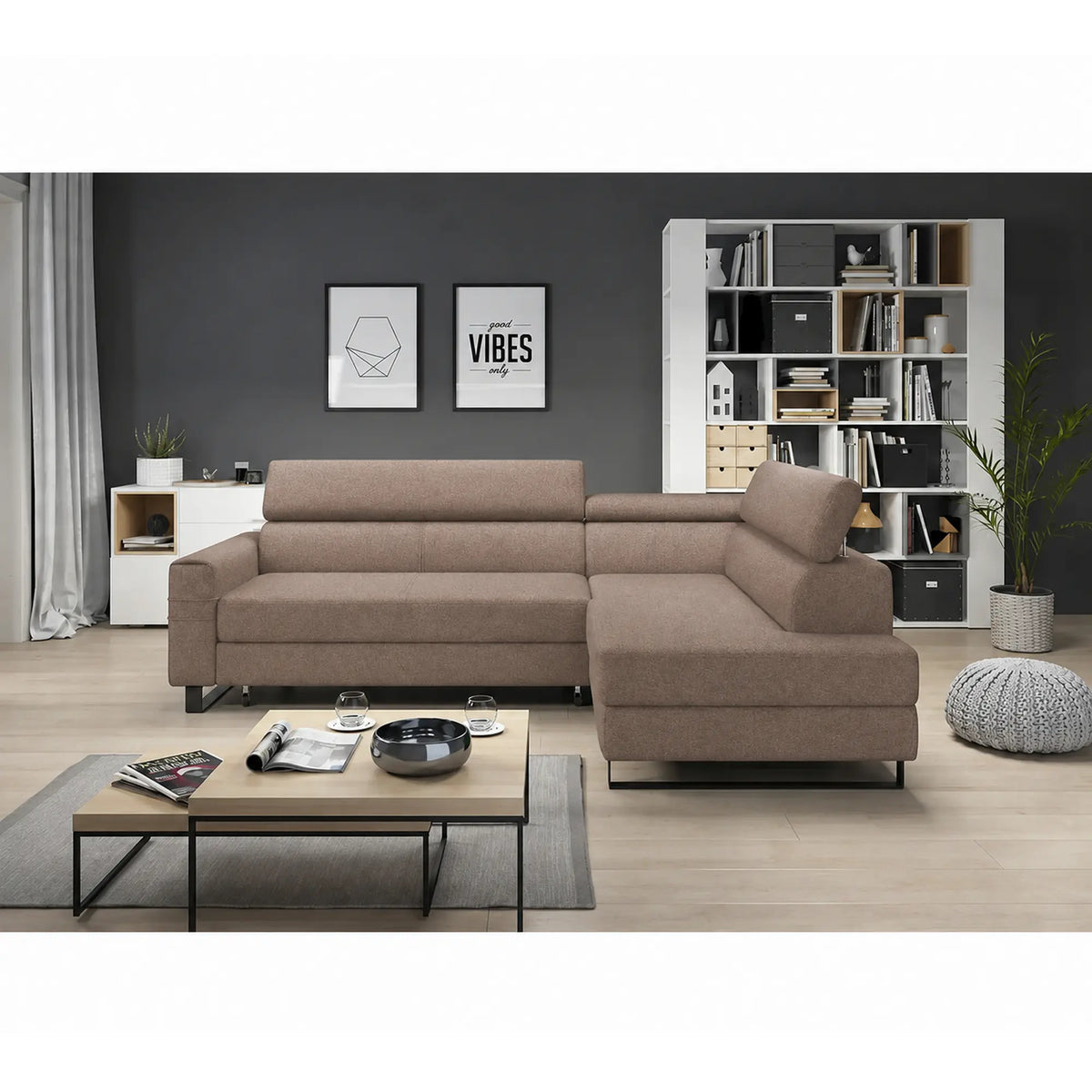 Coltar extensibil LIVIO, sezlong dreapta, stofa catifelata cappuccino - Palladium 04, cu lada depozitare si tetiere reglabile, 249x184x90 cm