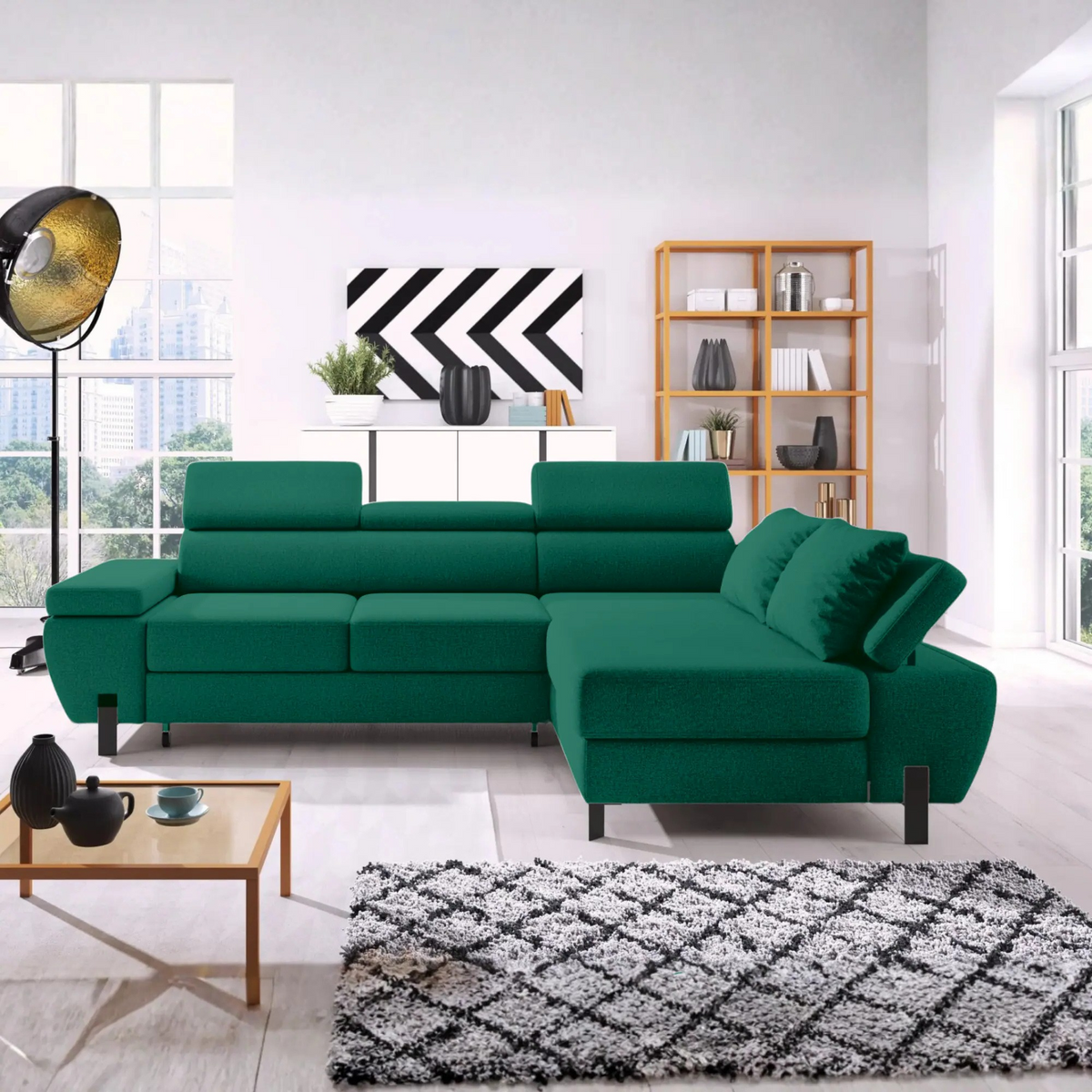 Coltar extensibil MOLINA MINI, sezlong dreapta, stofa catifelata verde - Element 20, cu lada depozitare, 277x189x90 cm