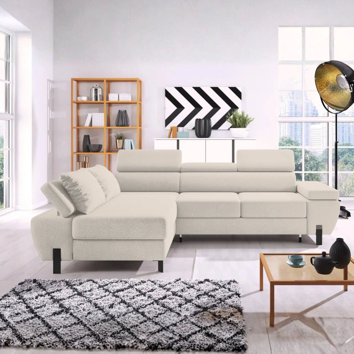 Coltar extensibil MOLINA MINI, sezlong stanga, stofa catifelata bej - Palladium 02, cu lada depozitare, 277x189x90 cm