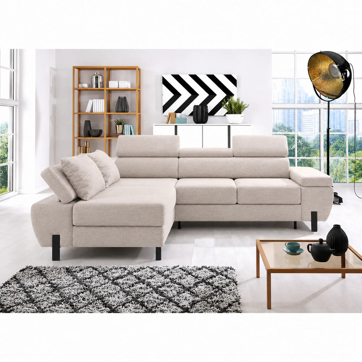 Coltar extensibil MOLINA MINI, sezlong stanga, stofa catifelata bej - Palladium 02, cu lada depozitare, 277x189x90 cm