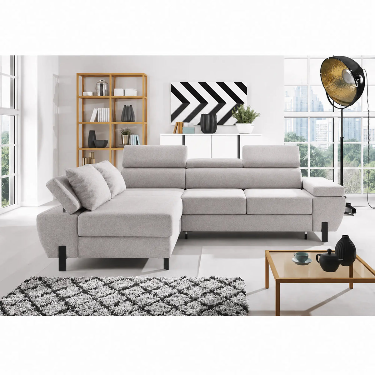 
Coltar extensibil MOLINA MINI, sezlong stanga, stofa catifelata gri - Salvador 13, cu lada depozitare si tetiere reglabile, 277x189x90 cm
