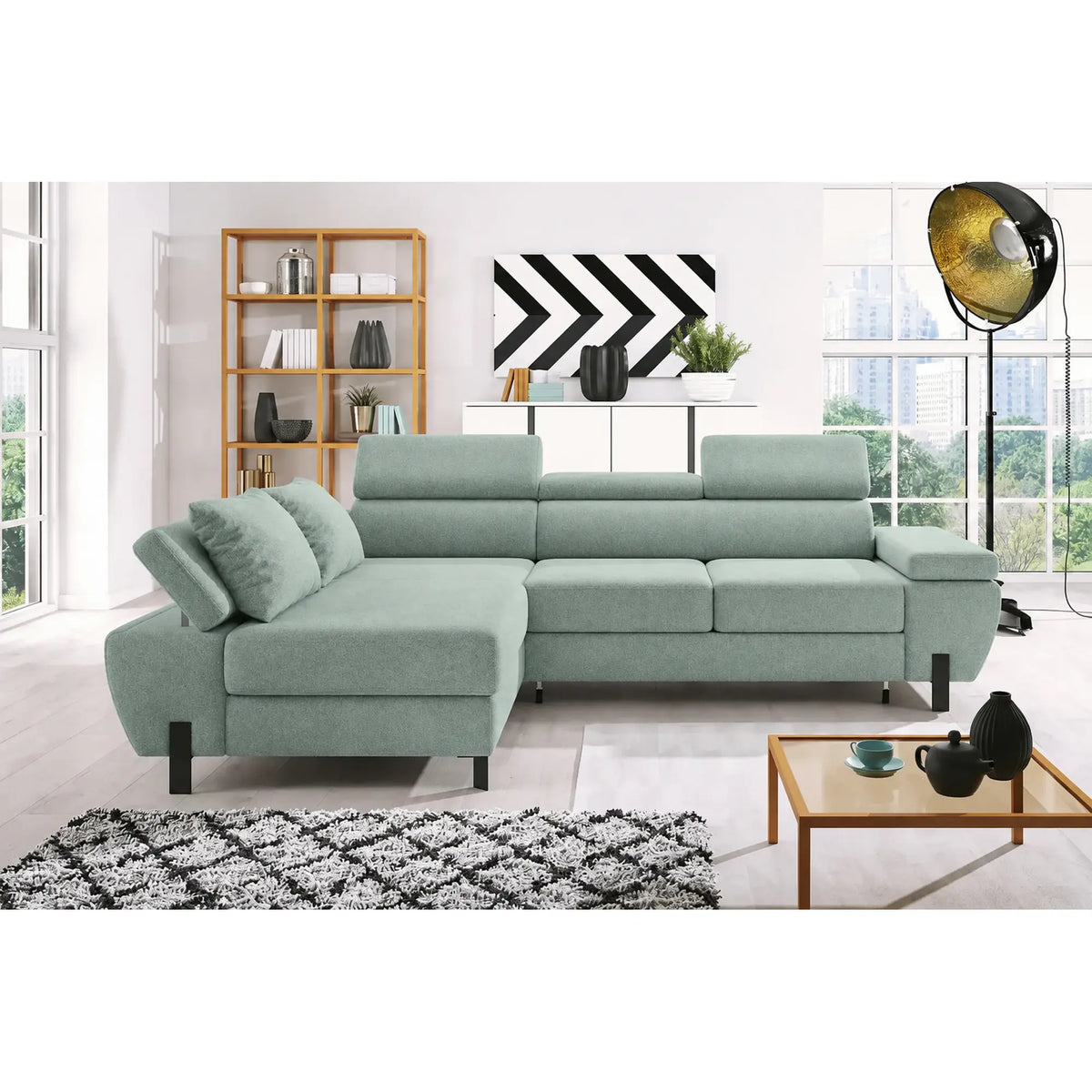 Coltar extensibil MOLINA MINI, sezlong stanga, stofa catifelata verde menta - Salvador 12, cu lada depozitare si tetiere reglabile, 277x189x90 cm