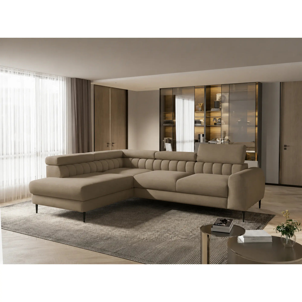 Coltar extensibil NAVAS L, sezlong stanga, stofa catifelata bej - Riviera 16, cu lada depozitare si tetiere reglabile, 246x175x86 cm