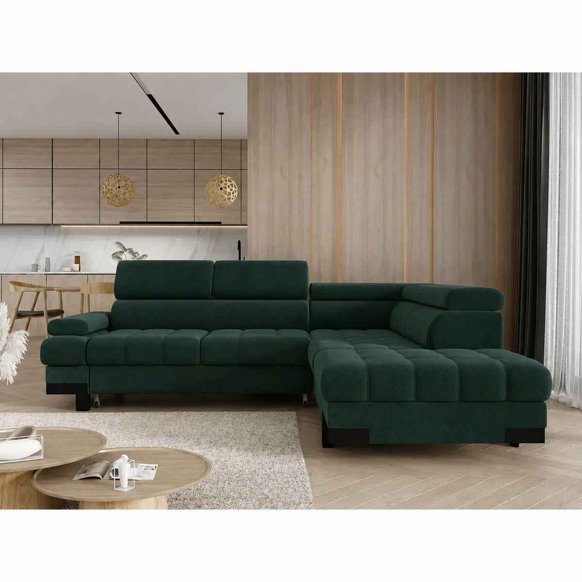 Coltar extensibil SELVA L, sezlong dreapta, stofa catifelata verde inchis - Element 12, cu lada depozitare si tetiere reglabile, 263x223x95 cm
