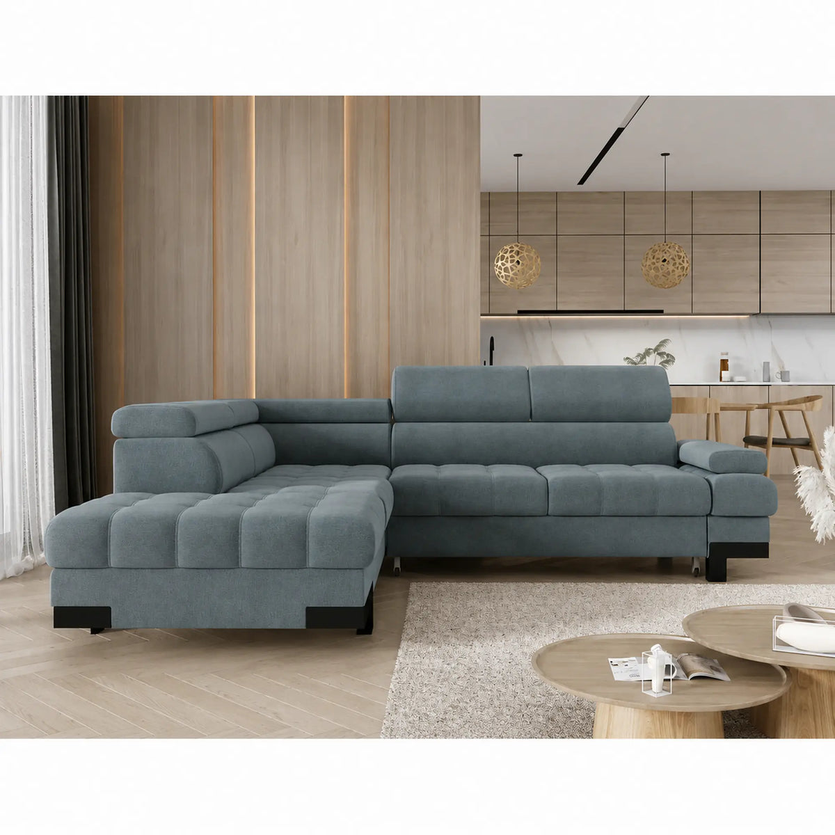 Coltar extensibil SELVA L, sezlong stanga, stofa catifelata albastru - Palladium 14, cu lada depozitare si tetiere reglabile, 263x223x95 cm