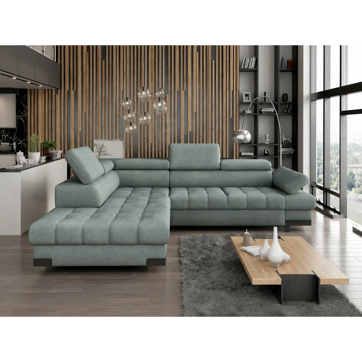 Coltar extensibil SELVA L, sezlong stanga, stofa catifelata verde menta - Salvador 12, cu lada depozitare si tetiere reglabile,  263x223x95 cm