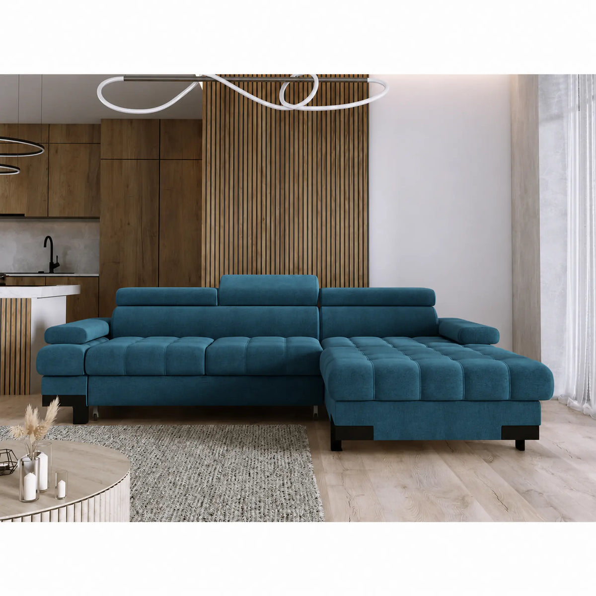 Coltar extensibil SELVA MINI, sezlong dreapta, stofa catifelata albastru - Salvador 11, cu lada depozitare si tetiere reglabile, 270x173x95 cm