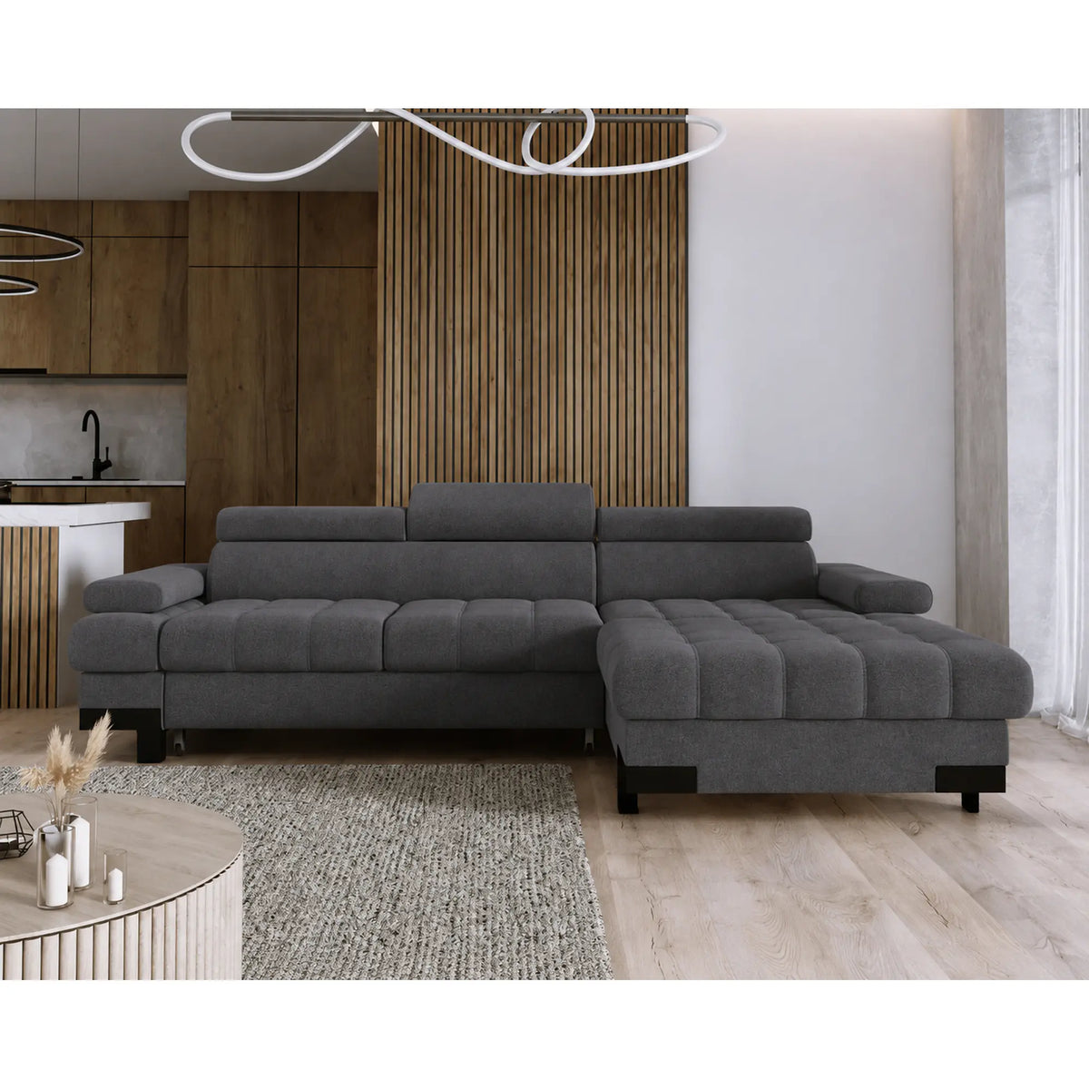 Coltar extensibil SELVA MINI, sezlong dreapta, stofa catifelata gri - Cloud 97, cu lada depozitare si tetiere reglabile, 270x173x95 cm
