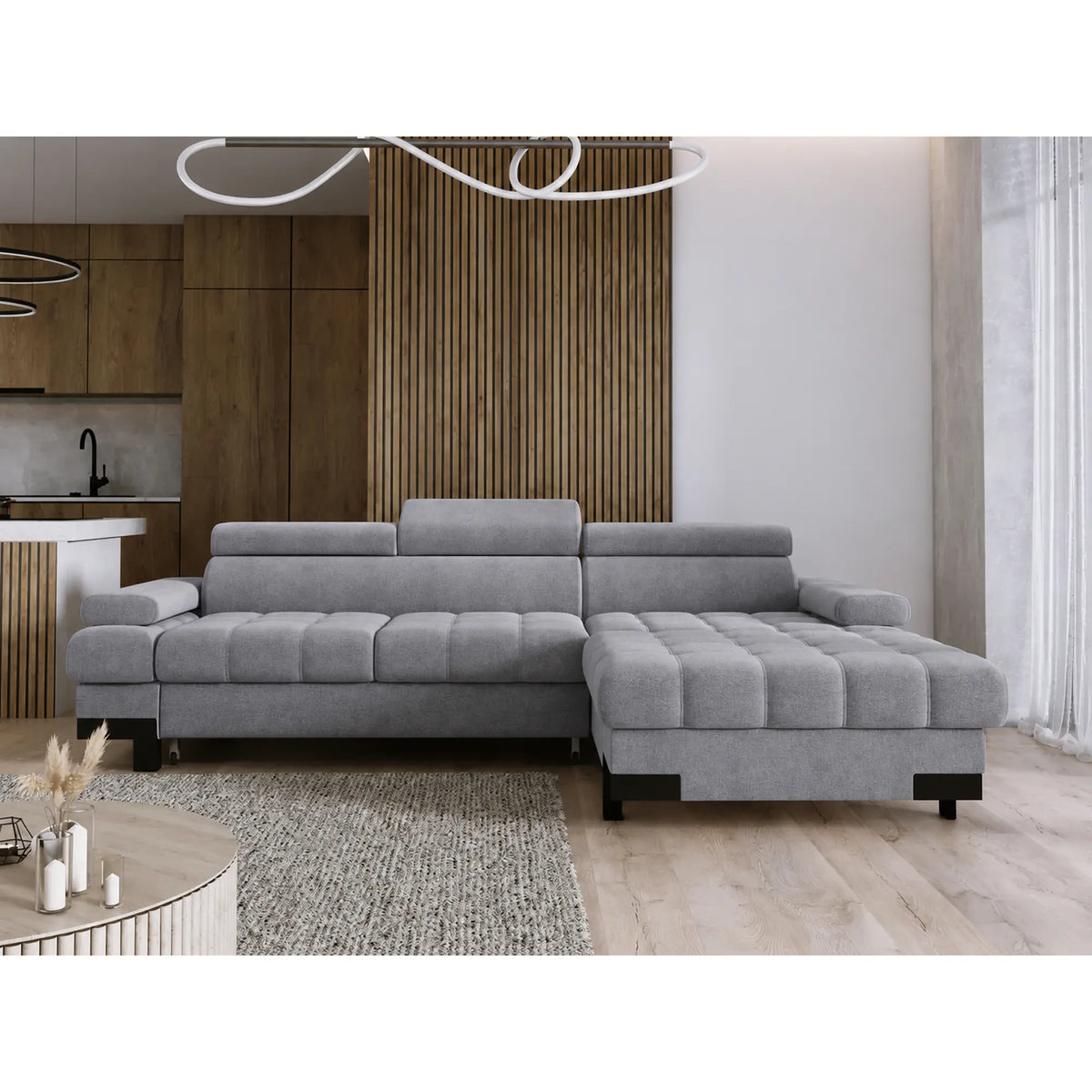 Coltar extensibil SELVA MINI, sezlong dreapta, stofa catifelata gri - Whisper 17, cu lada depozitare si tetiere reglabile, 270x173x95 cm