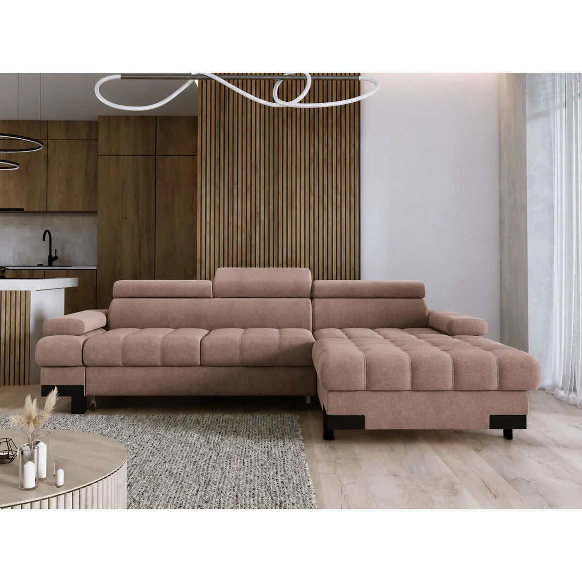 Coltar extensibil SELVA MINI, sezlong dreapta, stofa catifelata maro - Palladium 04, cu lada depozitare si tetiere reglabile, 270x173x95 cm