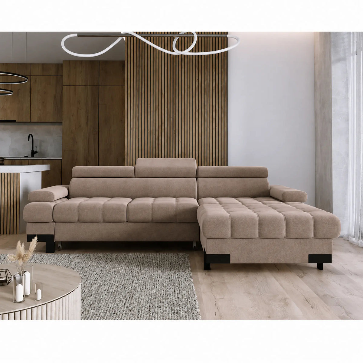 Coltar extensibil SELVA MINI, sezlong dreapta, stofa catifelata maro - Salvador 3, cu lada depozitare si tetiere reglabile, 270x173x95 cm