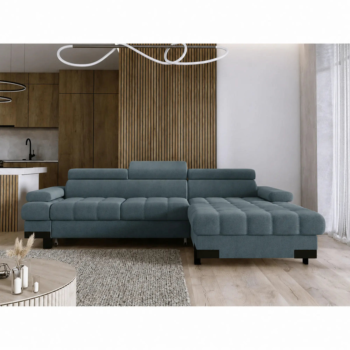 Coltar extensibil SELVA MINI, sezlong dreapta, stofa catifelata turcoaz inchis - Riviera 87, cu lada depozitare si tetiere reglabile, 270x173x95 cm