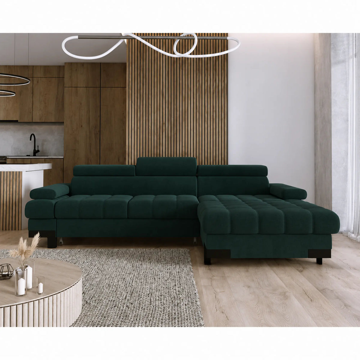 Coltar extensibil SELVA MINI, sezlong dreapta, stofa catifelata verde inchis - Element 12, cu lada depozitare si tetiere reglabile, 270x173x95 cm