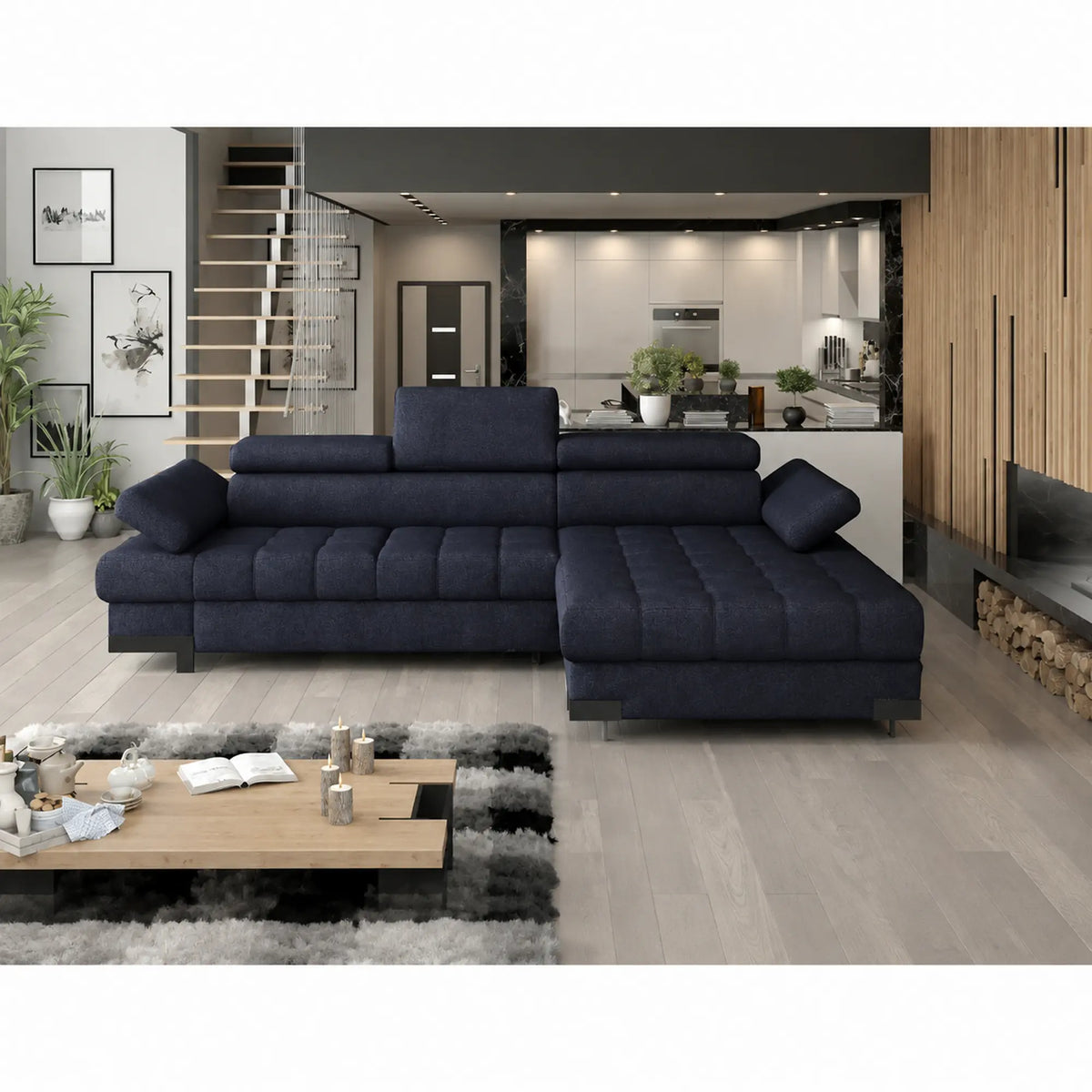 Coltar extensibil SELVA MINI, sezlong dreapta, stofa clasica albastru inchis - Austin 15, cu lada depozitare si tetiere reglabile, 270x173x95 cm